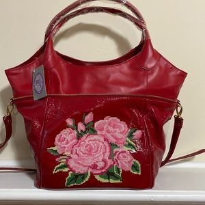 Sharif needlepoint red leather shopper with wristlet